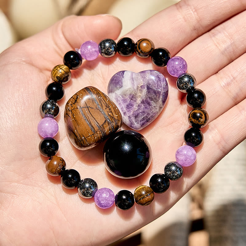 "Spiritual Balance" Amethyst Obsidian Tiger Eye Hematite Beaded Bracelet