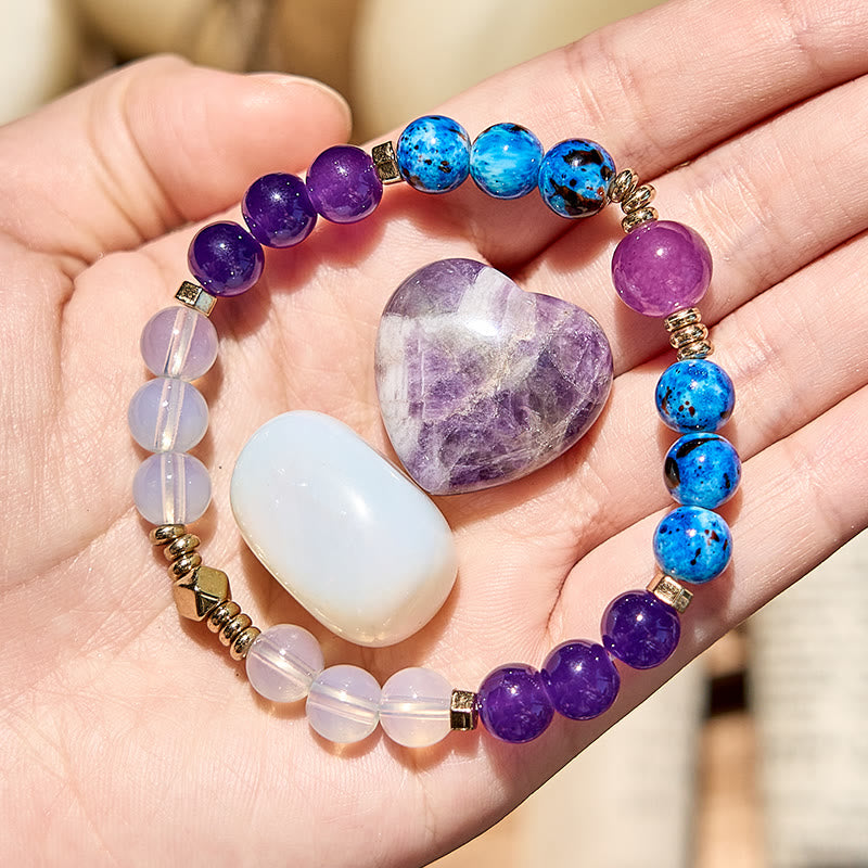 "Mystic Azure" Amethyst Clear Crystal Blue Beaded Bracelet