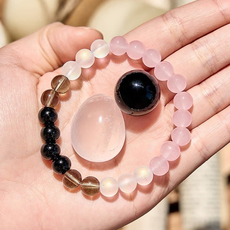 "Soulful Shield" Moonstone Obsidian Rose Quartz Beaded Bracelet