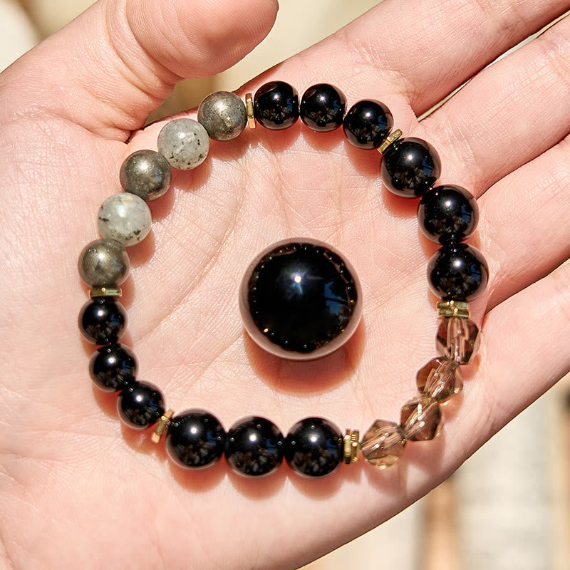 "Shadow Balance" Labradorite Obsidian Smoky Quartz Beaded Bracelet