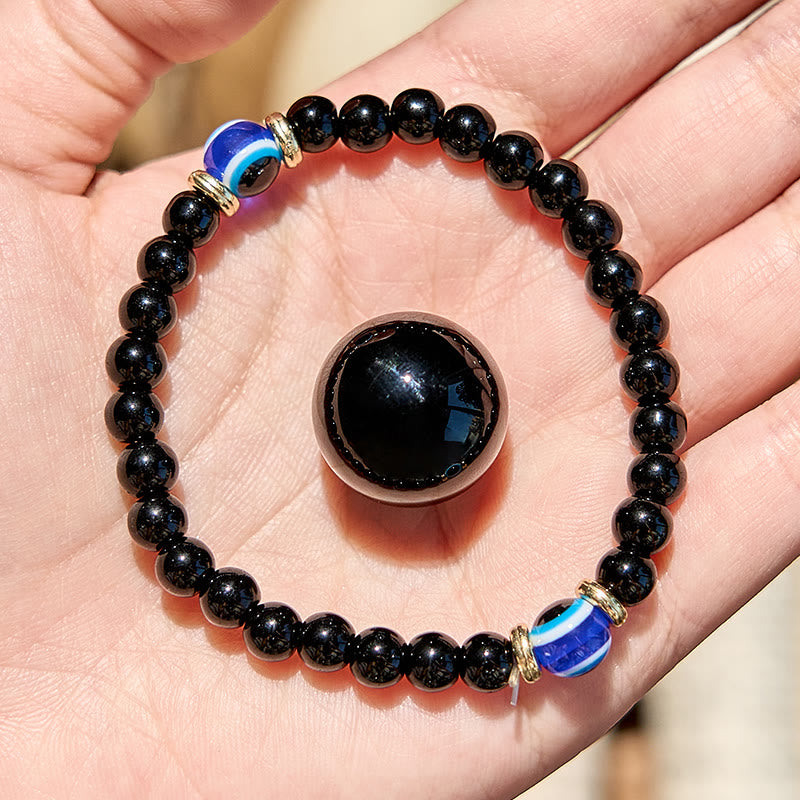 "Protective Aura" Natural Black Onyx Evil Eye Beaded Bracelet