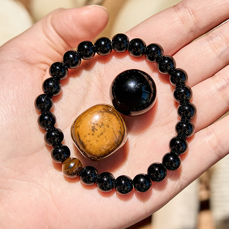 "Guardian Knight" Natural Obsidian Tiger Eye Beaded Bracelet