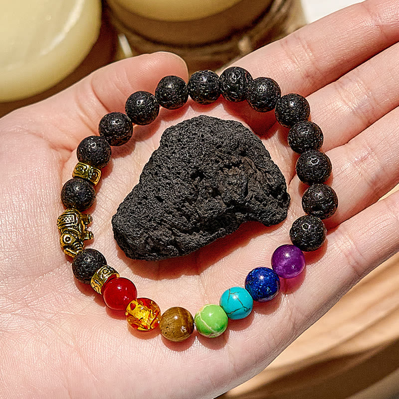 "Rainbow Blaze" Lava Stone Chakra Elephant Charm Bracelet