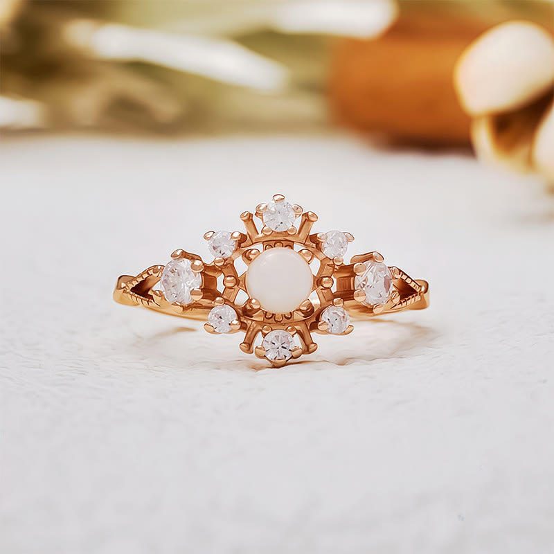 "Celestial Blossom" Natural Opal White Zircon Ring