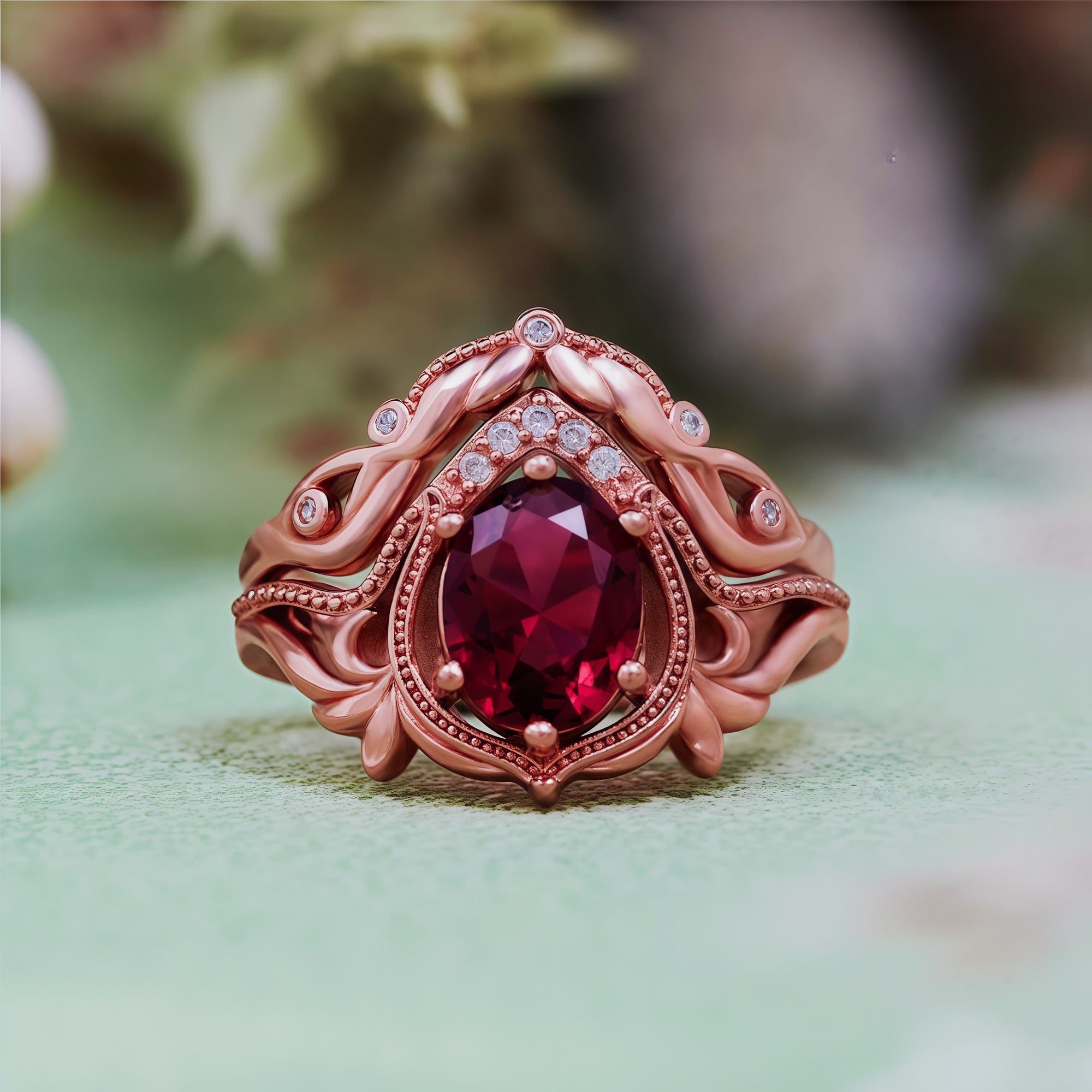 "Enchanted Elegance" 2Pcs Garnet Opal Zircon Carved Ring