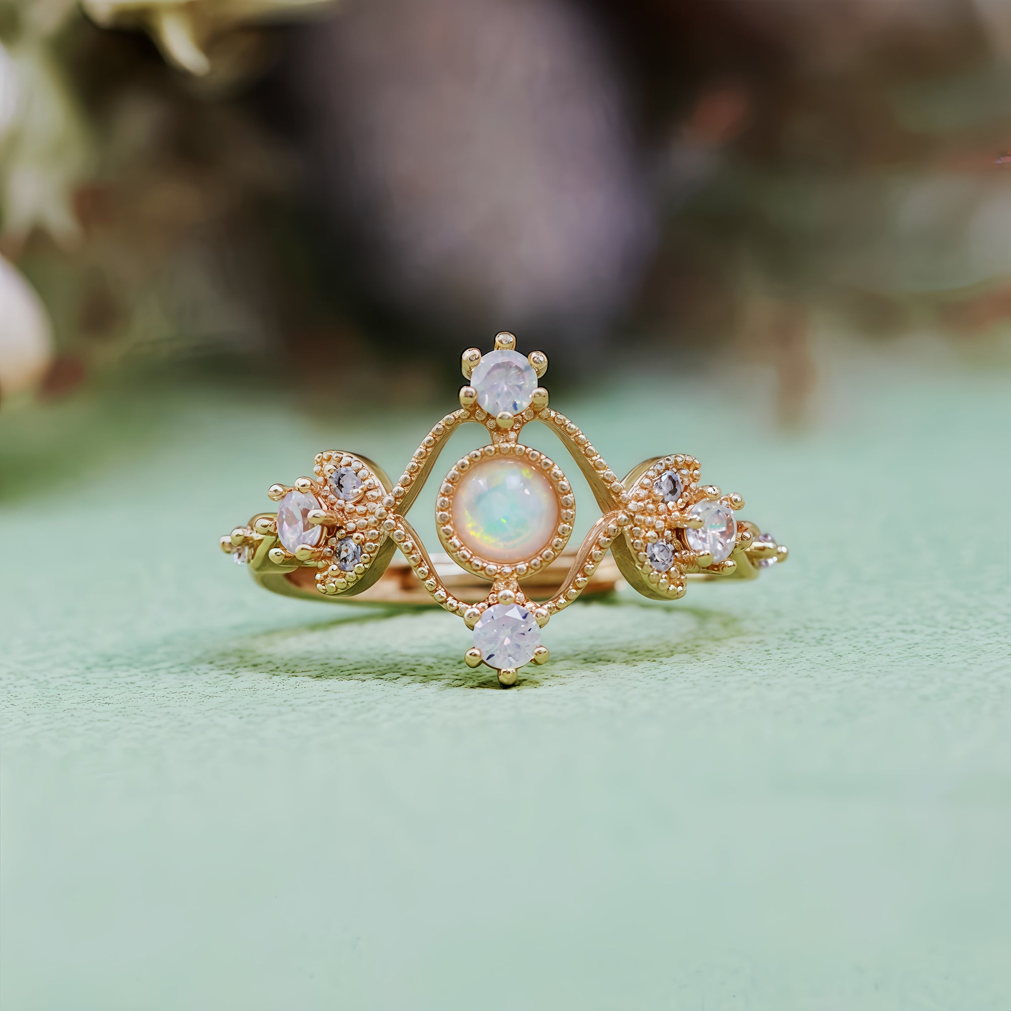 "Moonlit Oracle" Opal White Zircon Hollow Leaf Ring