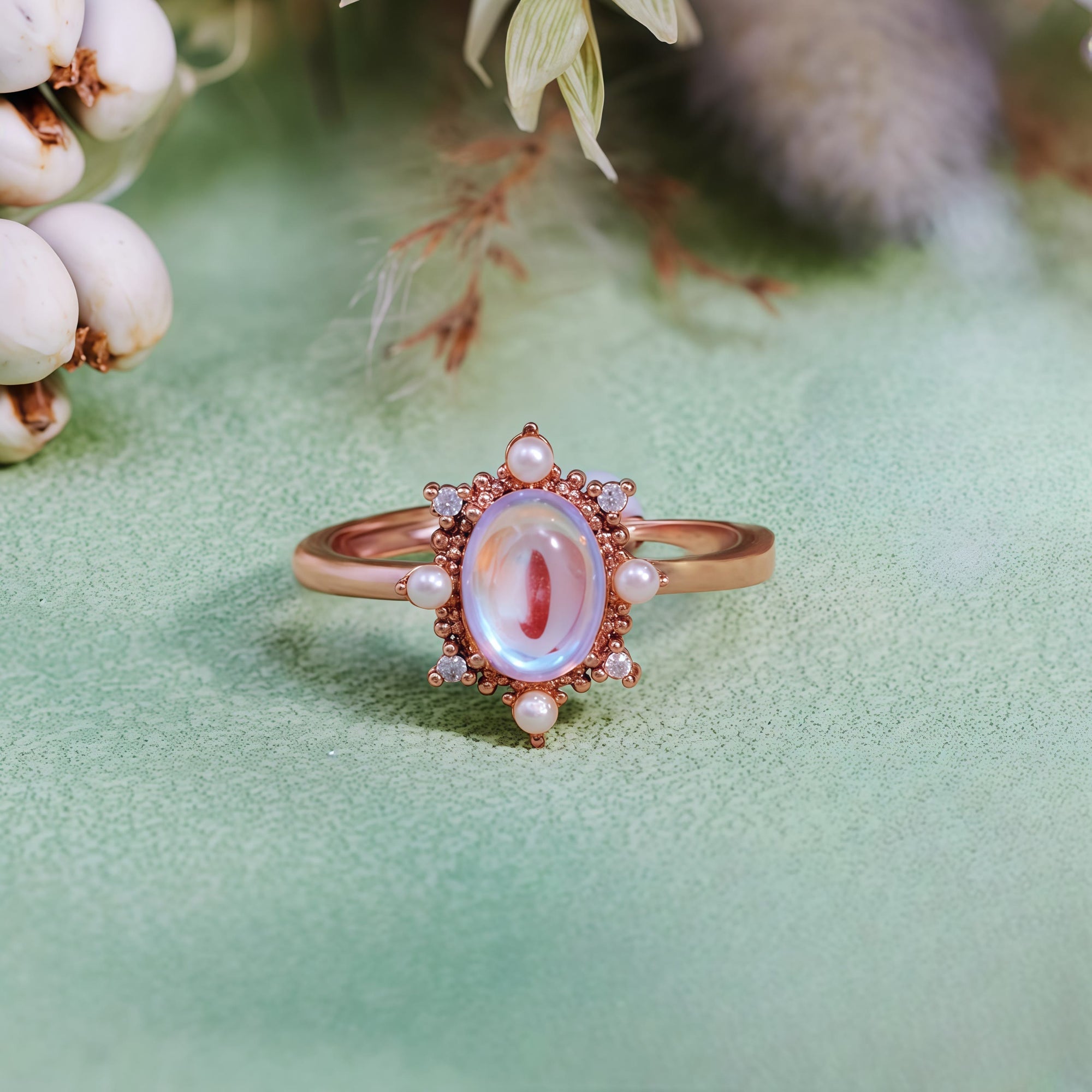 "Luna Bloom" Moonstone Pearl Ring