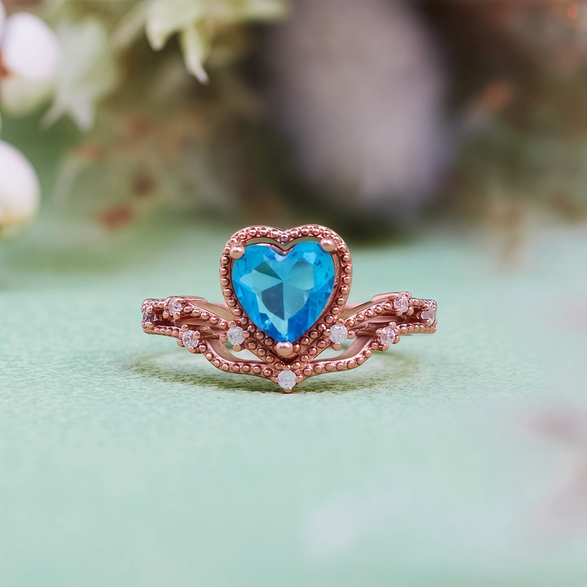 "Heart Azure" Blue Topaz Crown Shape Ring